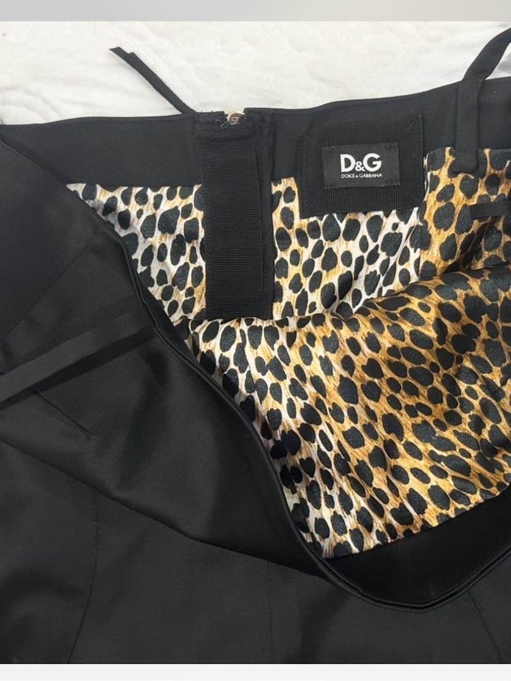 Dolce & Gabbana Black Satin Midi Dress with Leopard-Print Lining